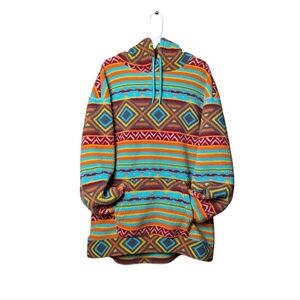 RF Aztec Bright Colorful Geometric Pattern Hoodie Drawstring Turquoise Like New